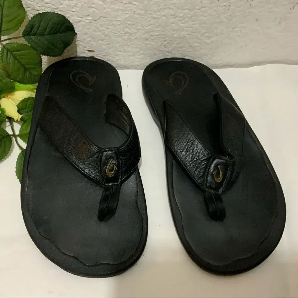 Olukai KUPUNA Men's Flip Flop Size 8 black leather top